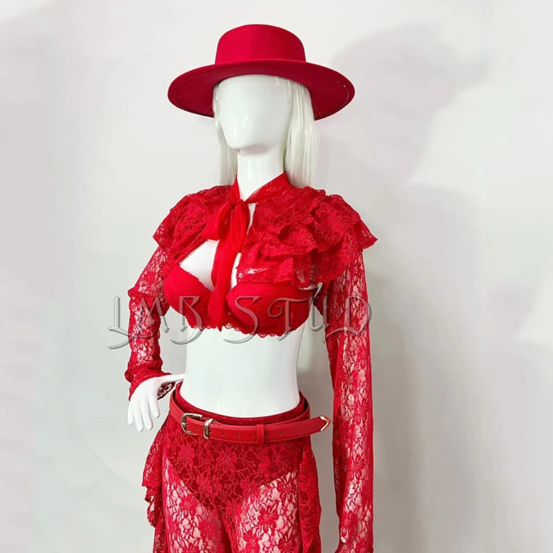 Women Stage Show Costume Red Lace Performance Suit Sexy Top Pants Set Gogo Dancer Outfits Nightclub Party Rave Clothing VDL4670