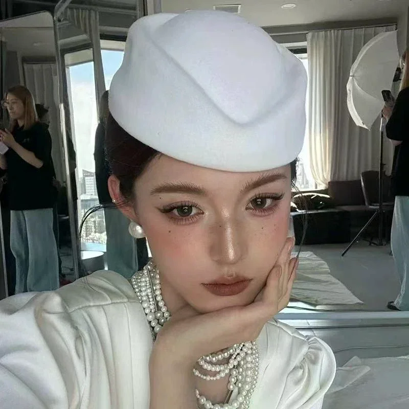Beret Hat Caps For Airline Stewardess And Flight Attendant, Vintage Black Flat Top Hat With Hair Clip, Hair Accessories