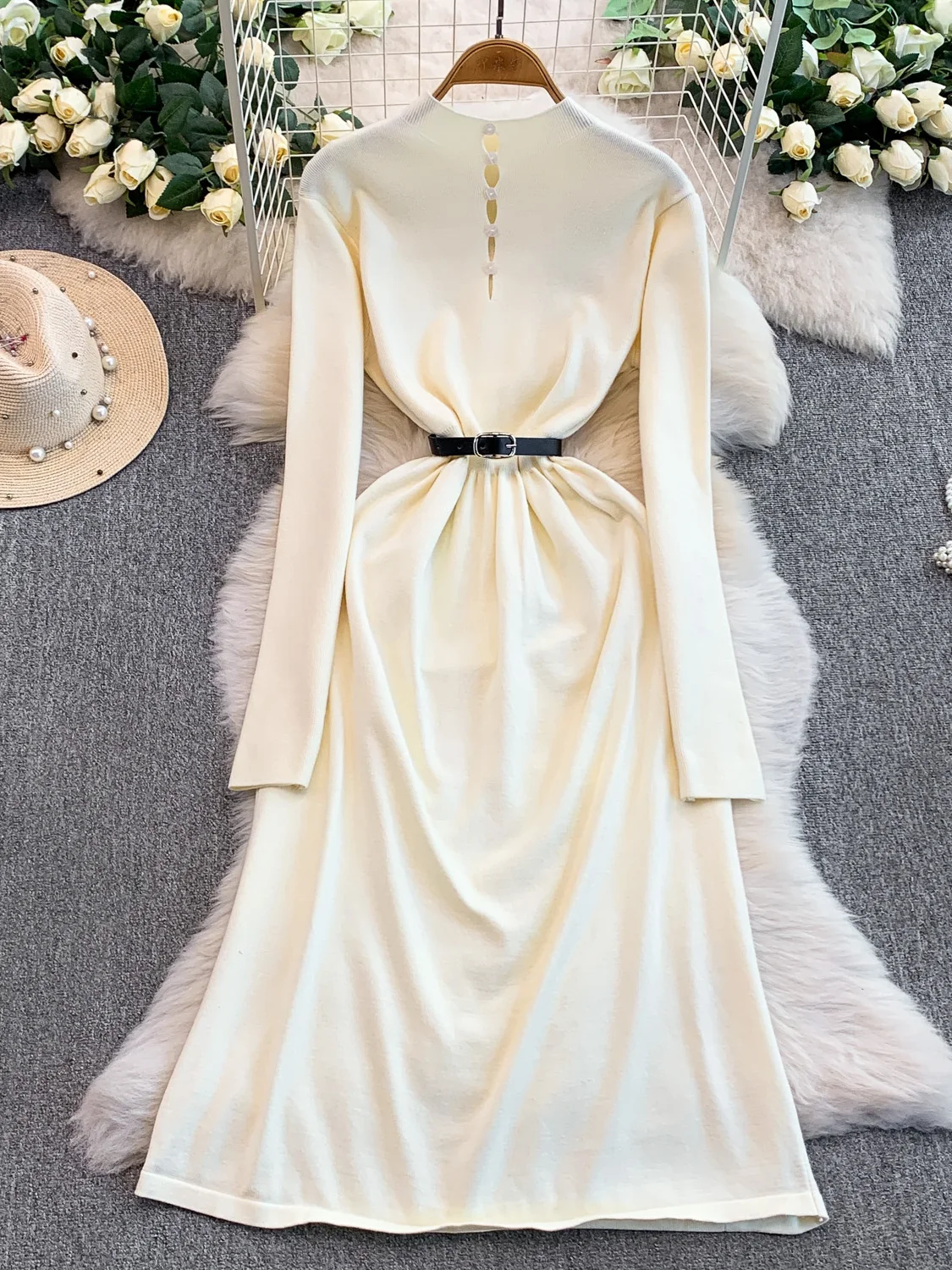

Korean Sle Sexy Hollow out Knitted Dr Women's Autumn Winter Long over Knee Belted Slimming Gown with Bules round Ne
