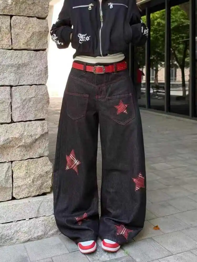 

Women's Black Gothic Y2k Baggy Jeans Japanese 2000s Style Emo Wide Leg Denim Trousers Harajuku Vintage Oversize Jeans Pants 2025
