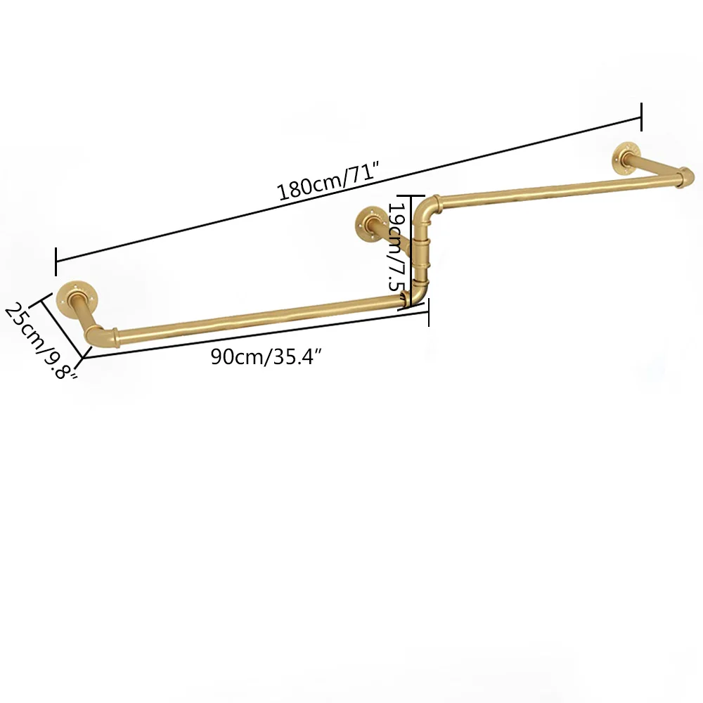 Bymaocar Industrial Clothes Rail 180cm Long Wall Mounted Garment Rack Industrial Pipe Clothes Organizer Towel Hanger Bar Gold