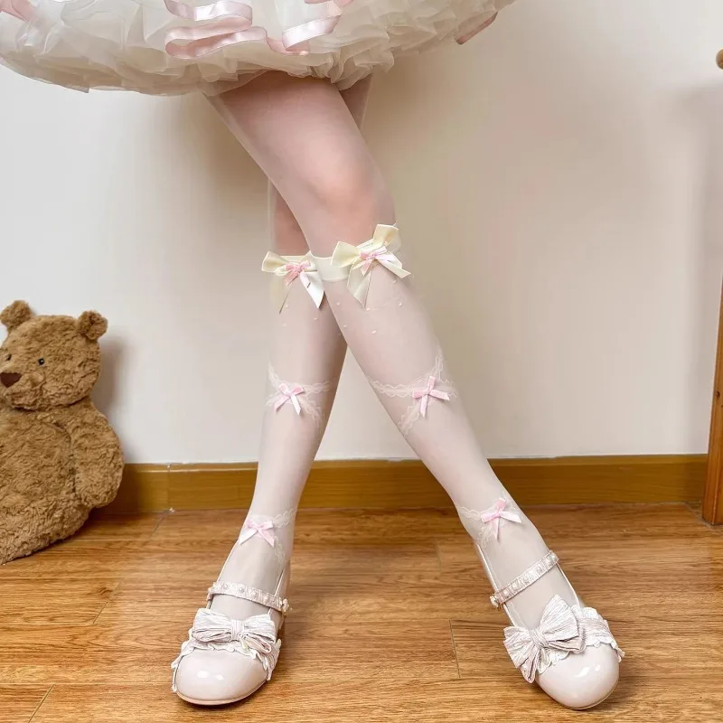 Women Sheer Dot Lace Thigh High Socks Double Bow Ultra Thin Transparent Lolita Stockings Daily Cosplay JK Party Dress Matching