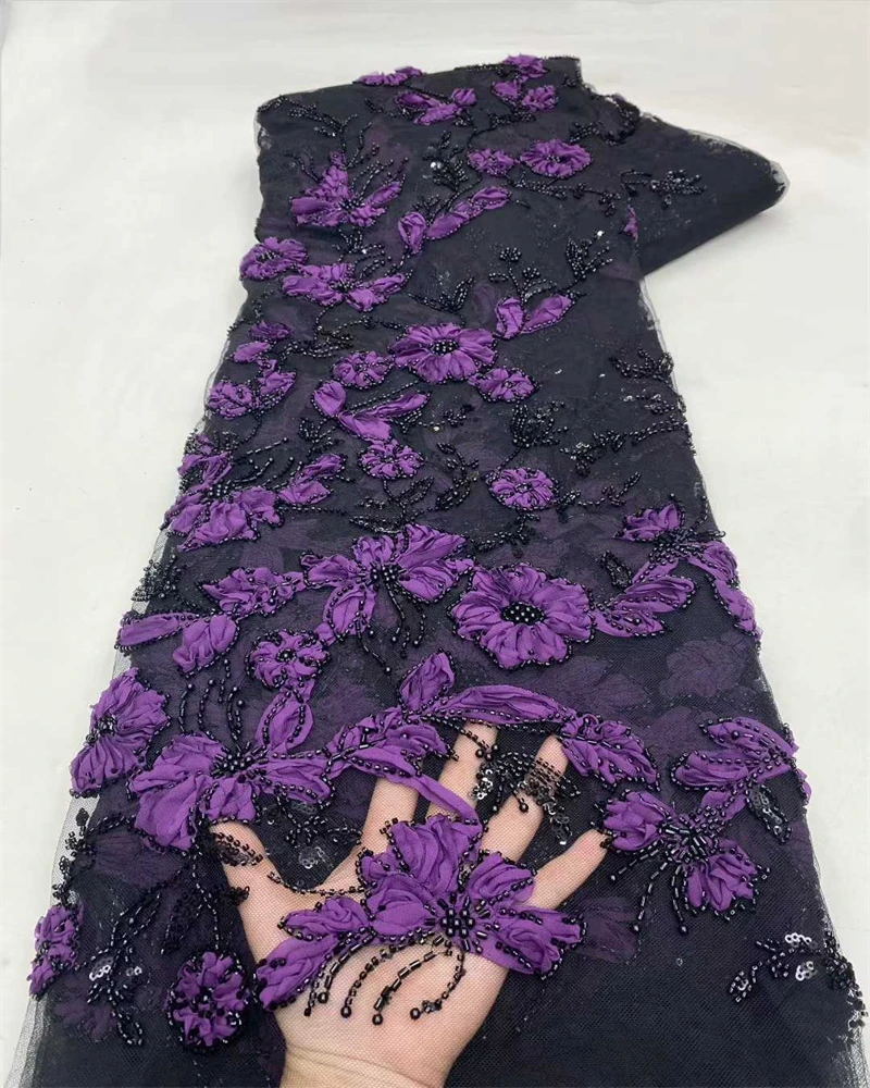 

Африканская кружевная ткань ручной работы с блестками и жемчугом, французский тяжелый тюль с бисером, кружевная ткань для свадебного платья, материал