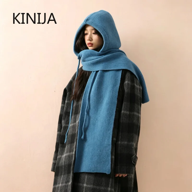 Wool Hooded Scarf for Women Knitted Balaclava Luxury Winter Warm Hat Scarf Shawls Lady Soft Wraps Neckerchief Thickened Hooded