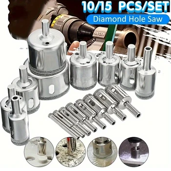 15/10 SZTUK Zestaw diamentowych wierteł otworowych 3-50 mm do wiercenia otworów w szkle, kamieniu, porcelanowych płytek, butelek Zestaw wierteł Narzędzia