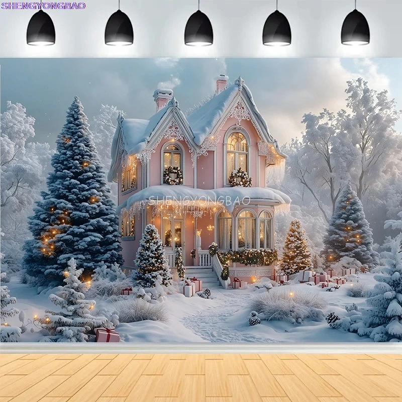 

Festive Christmas Room Fireplace Photography Backdrops Winter New Year Holidays Party Xmas Tree Window Photo Background BR-16
