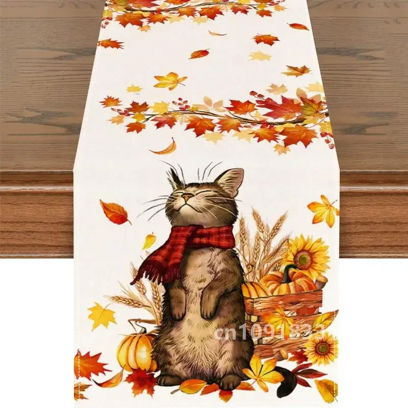 Autumn Sunflower Pumpkin Cat Print Table Runner Thanksgiving Theme Atmosphere Table Runner Home Decoration Table Runner