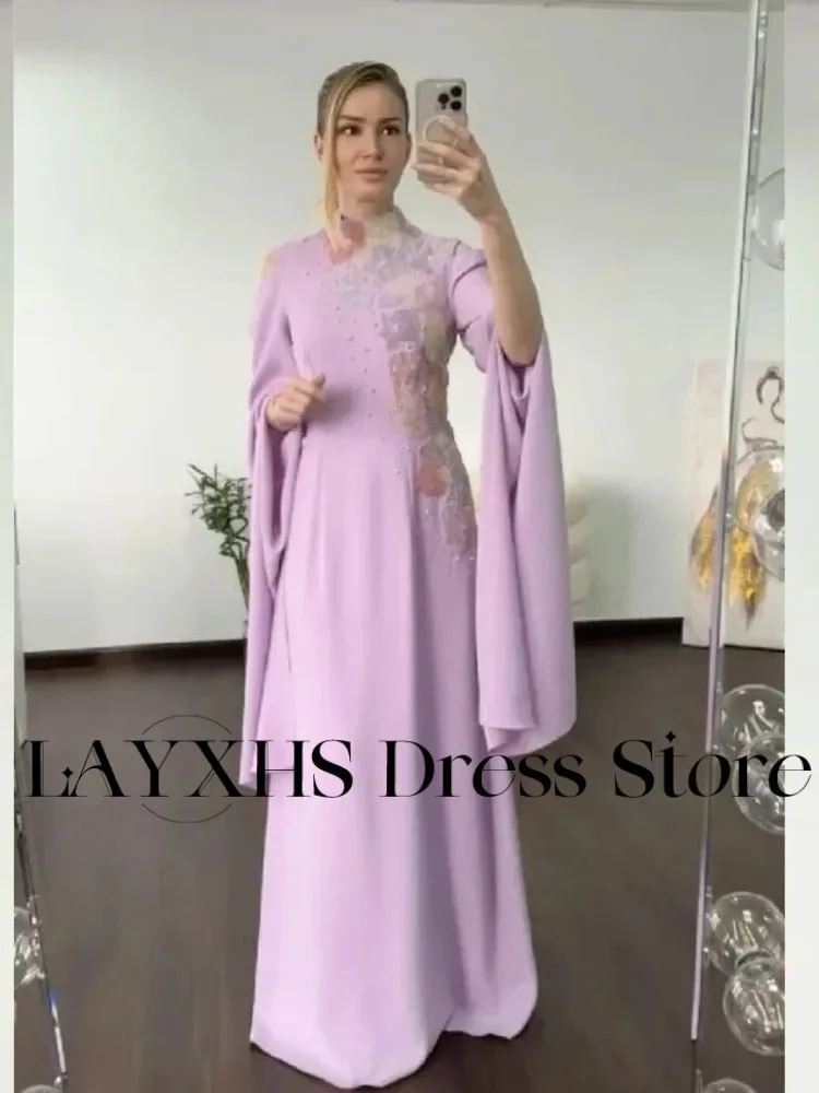 LAYXHS Vestidos de noite elegantes roxos com gola alta e apliques de miçangas, linha A, vestidos de baile longos e sem mangas personalizados