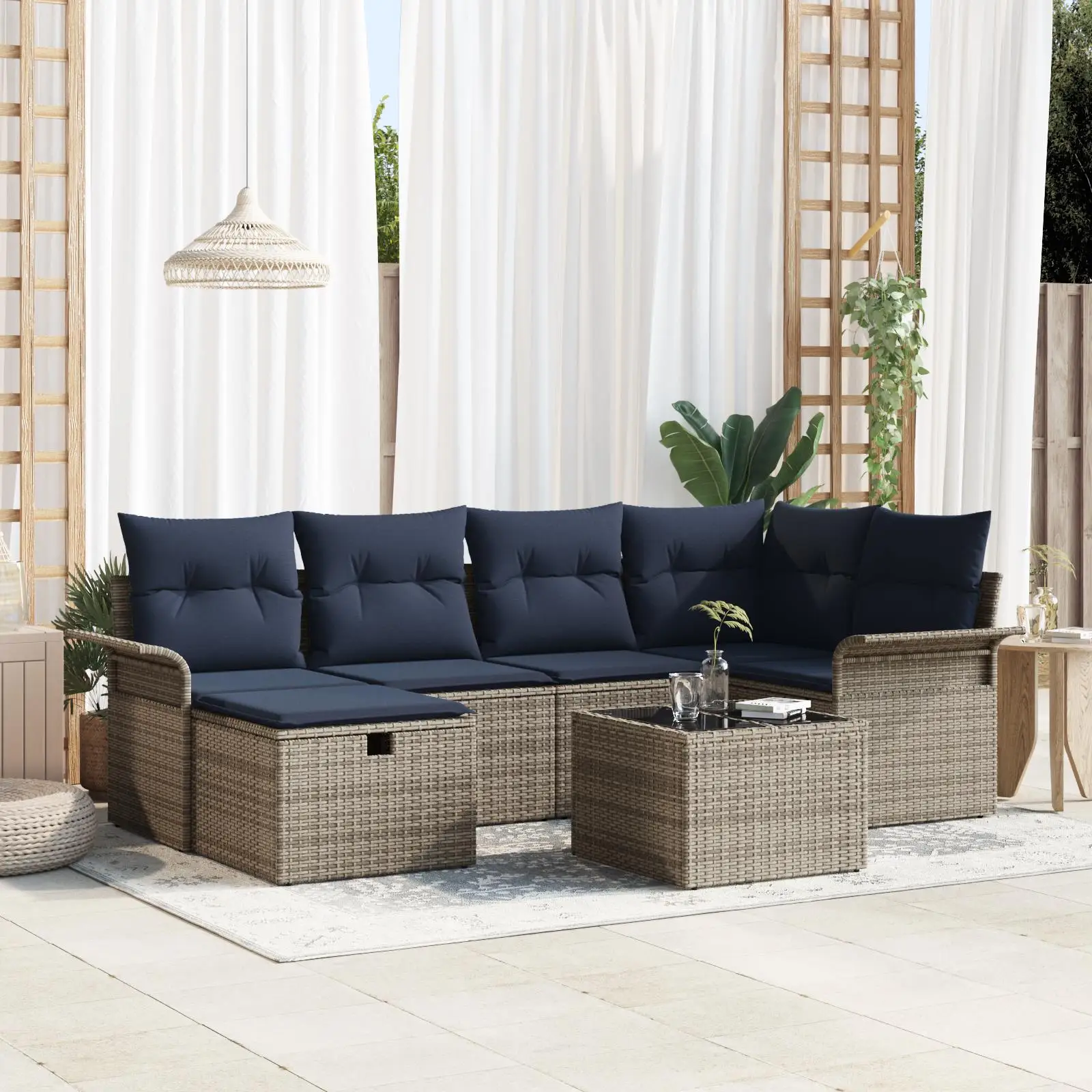 

Comfortable 7 Piece Outdoor Sofa Set Grey Poly Rattan with Cushions for Garden Patio Furniture