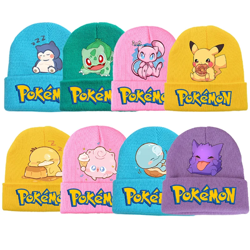 Kawaii Pokemon Hat Pikachu Charmander Squirtle Mewtwo Eevee Jigglypuff Wool Knitted Cap Child Winter Elastic Skullies Beanies