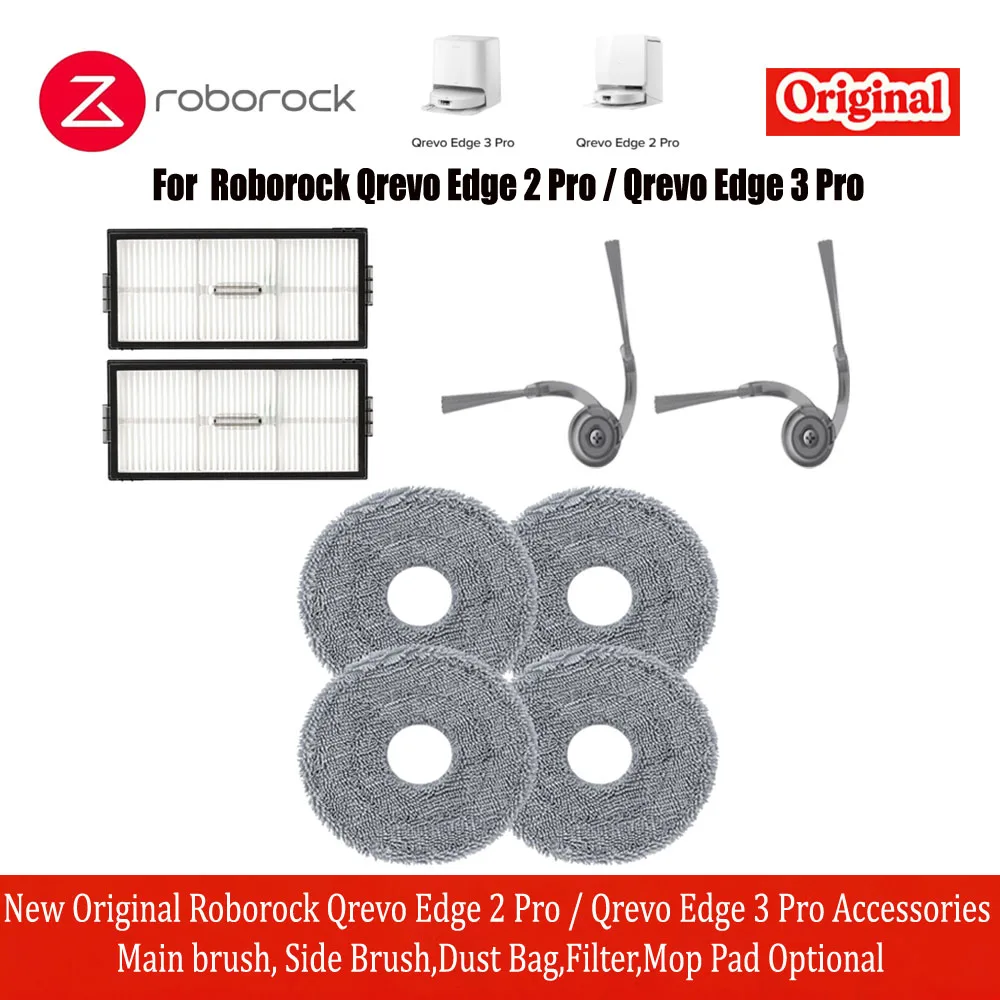 Nieuwe, originele accessoires voor de Roborock Qrevo Edge 2 Pro / Qrevo Edge 3 Pro: hoofdborstel, zijborstel, stofzak, filter, optionele dweilpad.