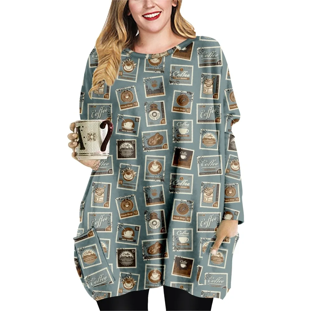 2022 kaffee Druck Frühling Herbst Lose Beiläufige Stil Damen T-shirt Doppel Tasche Kleid Rundhals Langarm Strand Kleid-