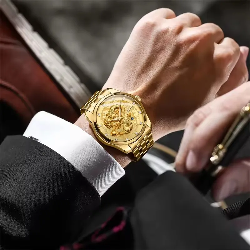 CHENXI 8220 Men's Quartz Watch 3D Golden Dragon Totem Embossed Calendar Waterproof Steel Belt Business Premium Watch for Men