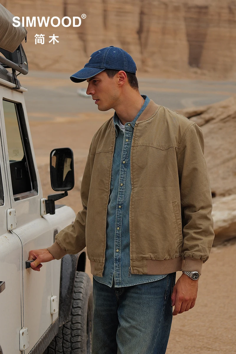 

SIMWOOD Мужская винтажная потертая парусиновая куртка-бомбер для мужчин, 11 унций, пальто в стиле милитари, большие размеры, новинка 2023 года, осень