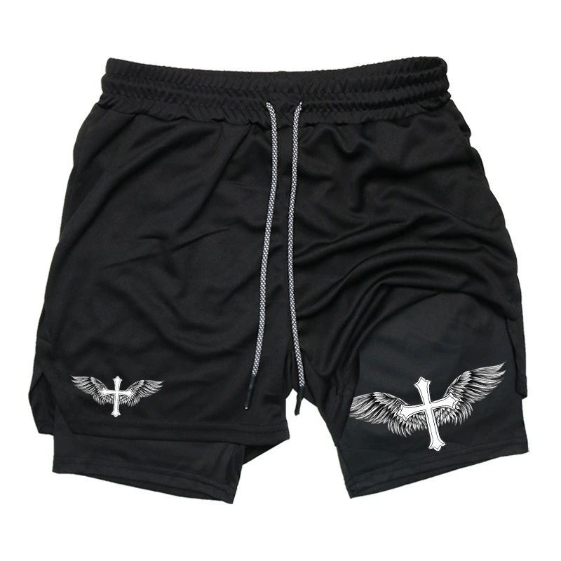 Angel Wings Graphic 2 in 1 Workout Running Shorts for Men Gym Athletic Breathable Shorts with Phone Pocket Towel Loop Activewear image 2