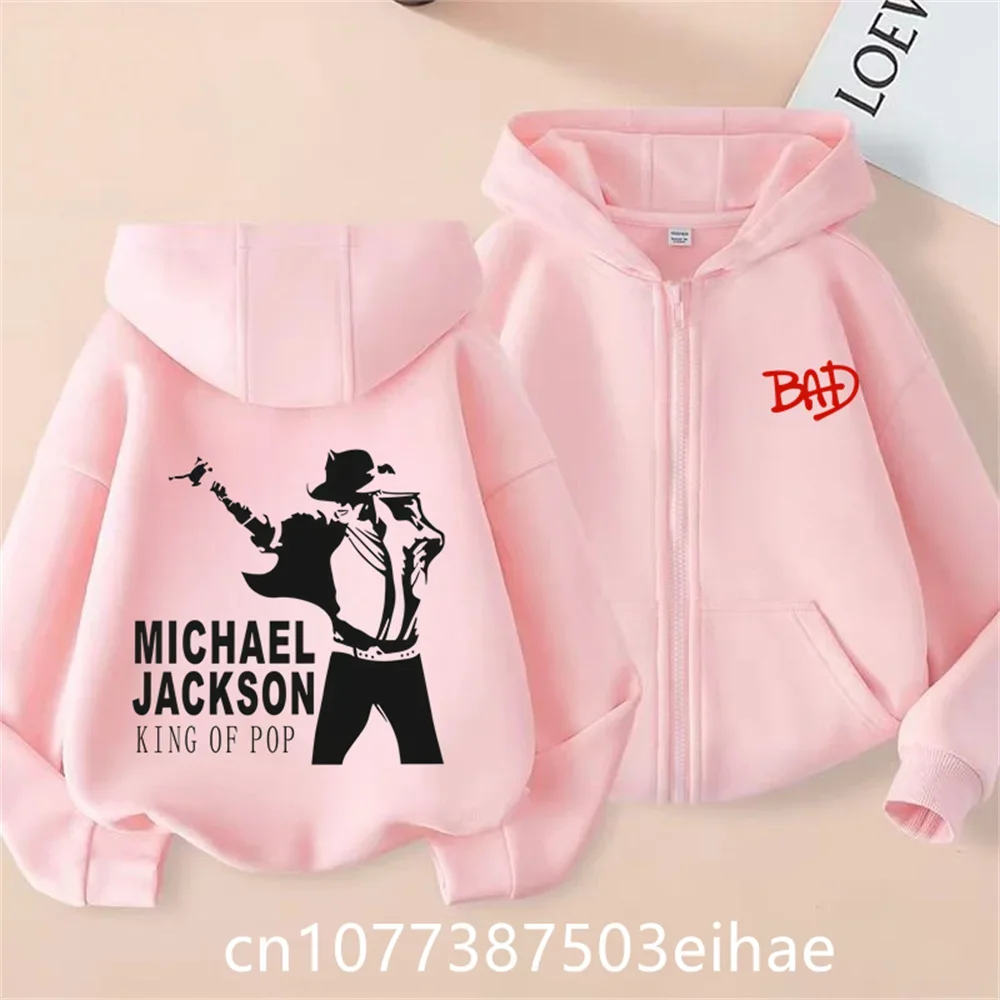 Boys Michael Jackson Printed Zip‑Up Hooded Jacket, Thin Long Sleeve Spring Autumn Kids Streetwear Outerwear With Pockets