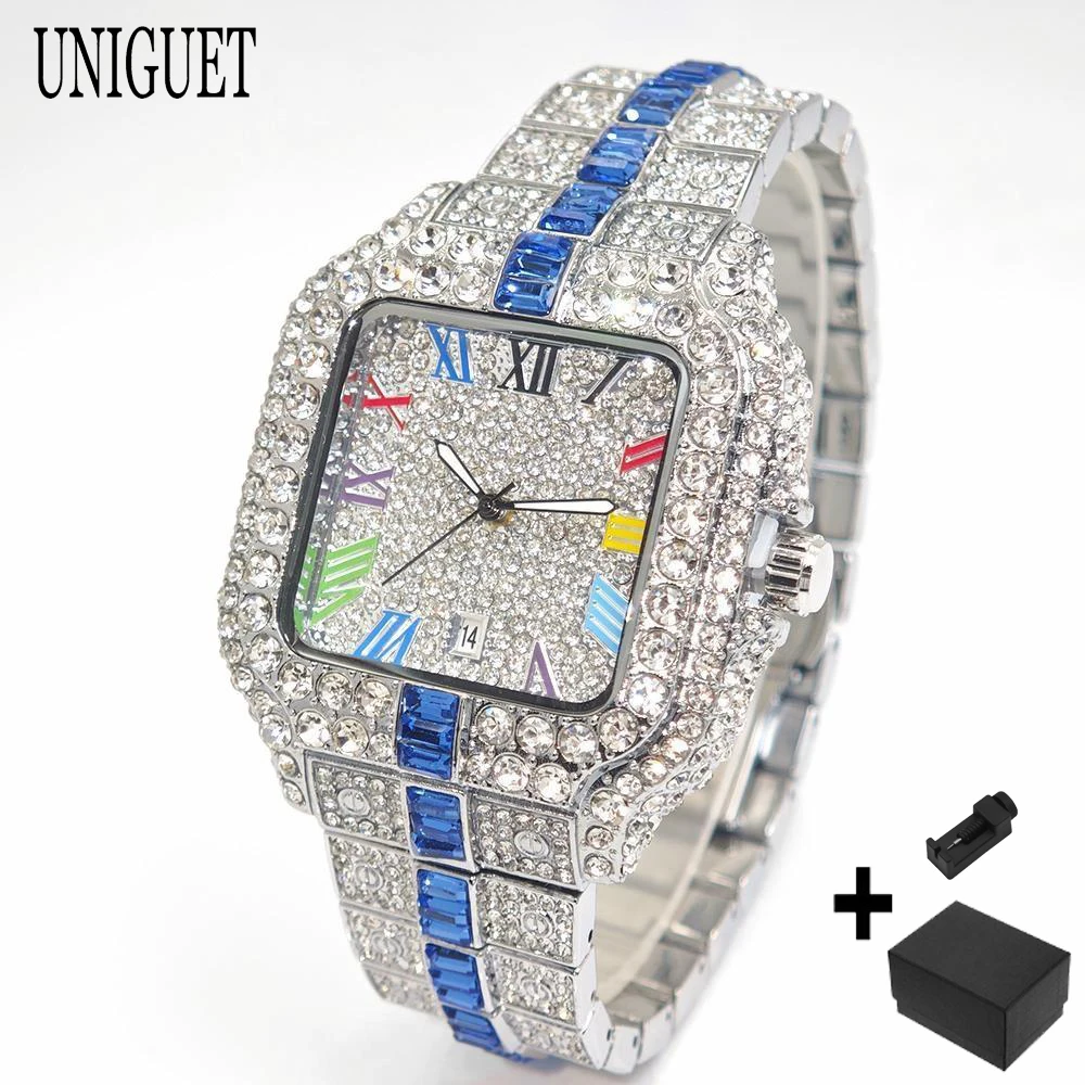 2025 حار ماركة UNIGUET الرجال موضة الماس ساعات كوارتز الهيب هوب مثلج بلينغ اللون مجوهرات ساحة ساعات المعصم للرجال أنيق