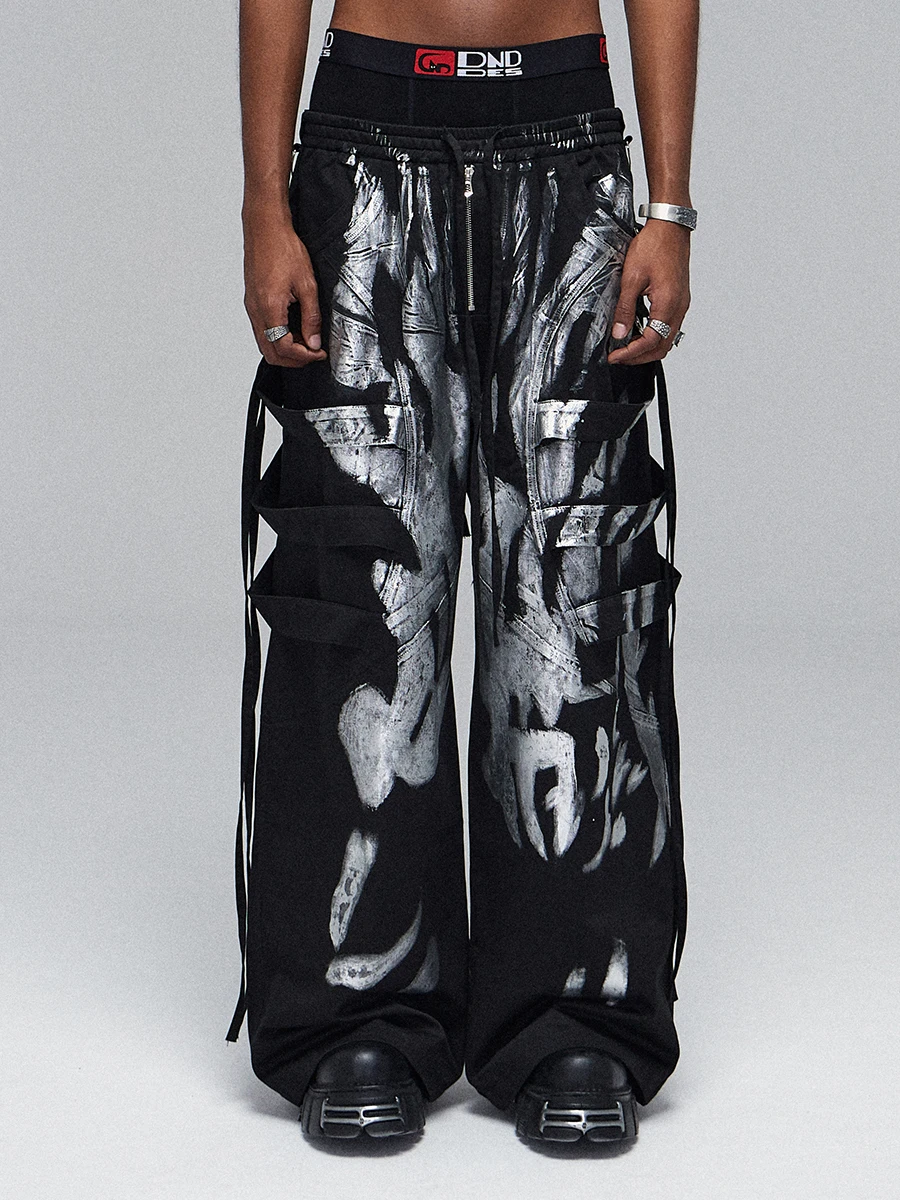 High Street Hip Hop Dark Avant-Garde Style Deconstructed Streamer Drawstring Wide Leg Pants Men's Pants women's Fall