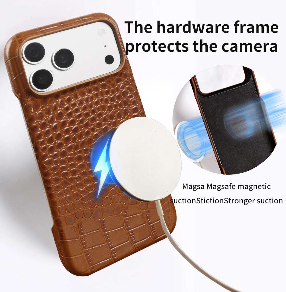 Genuine Leather Magnetic Wireless Case Crocodile Pattern For iPhone 17 Pro max Air 16 15 14 13 12 11 charging Protective Cover - view 3