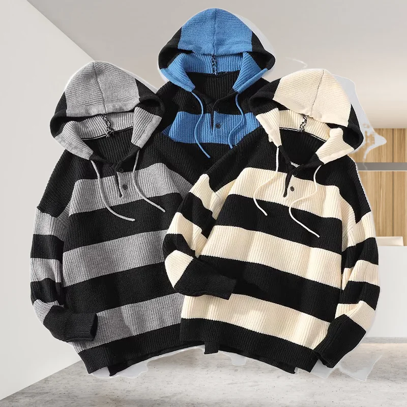 GIOIO men's knitted sweater, new striped knitted hoodie for spring and autumn, fashionable and casual sweater pullover