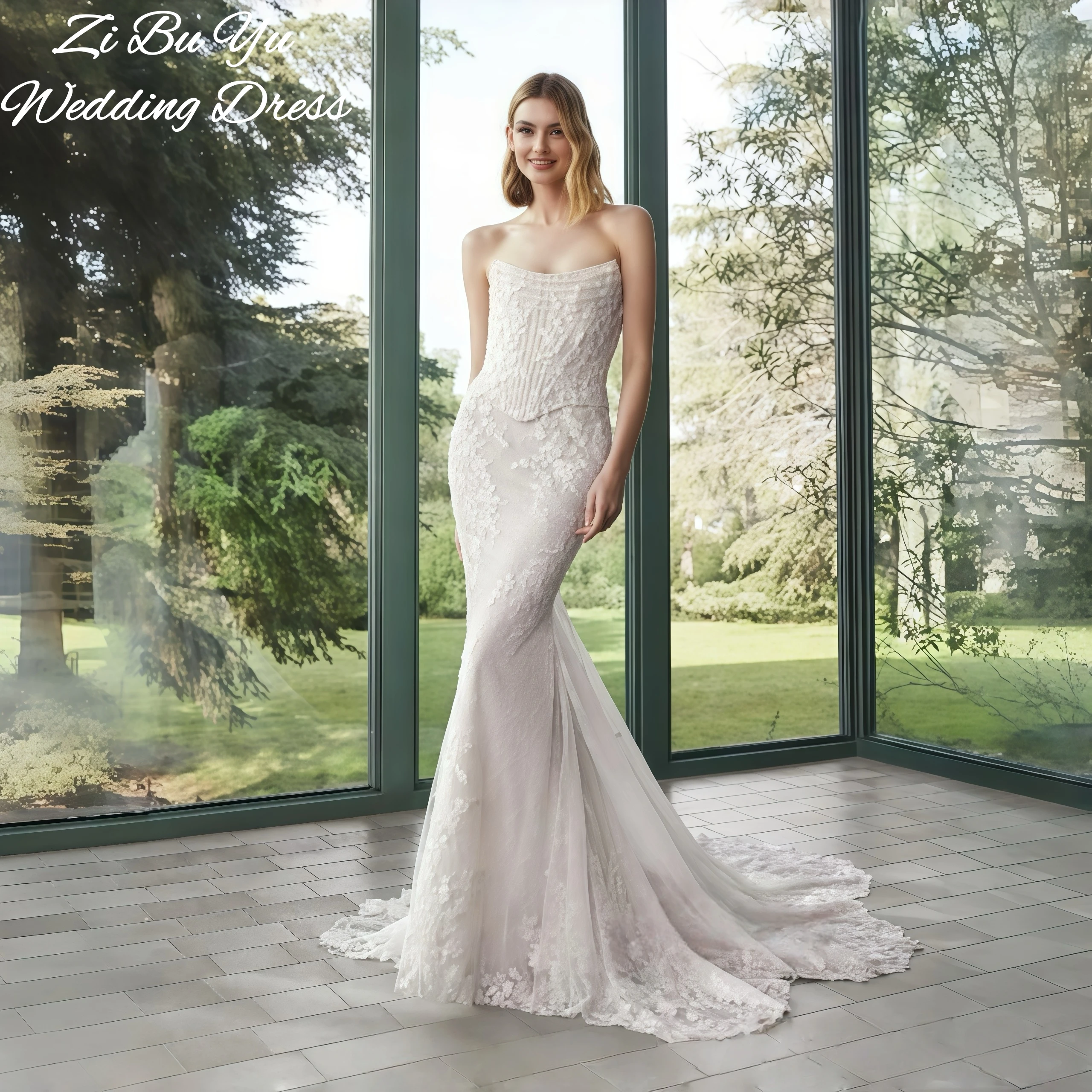 

ZIBUYU Customized Romantic Wedding Dress Strapless Sweetheart Corset Bodice 3D Floral Lace Applique Mermaid Train Bridal Gowns