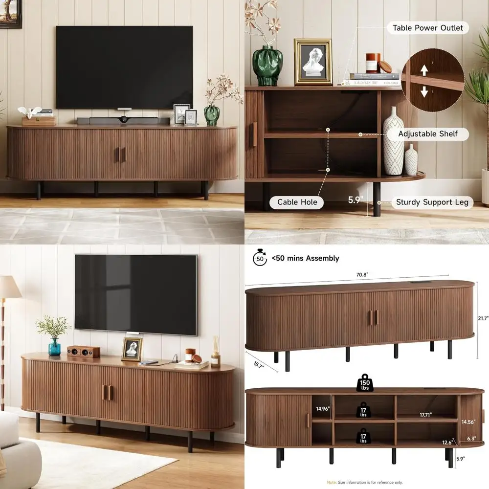 Modern TV Stand with Power Outlet for 75 Inch TVs, Entertainment Center featuring Storage and Adjustable Shelves