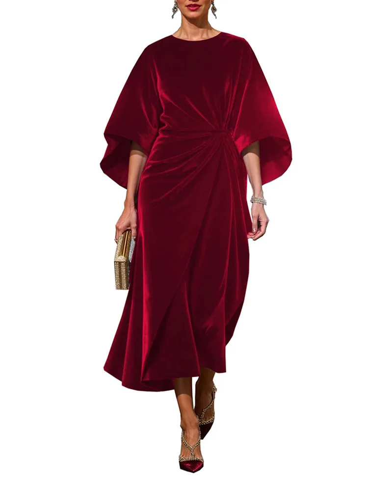 فستان نسائي أنيق وأنيق بخصر مخملي ذهبي فستان بأكمام خفاش جديد لربيع وخريف فساتين حفلات متينة 2025 فساتين نسائية