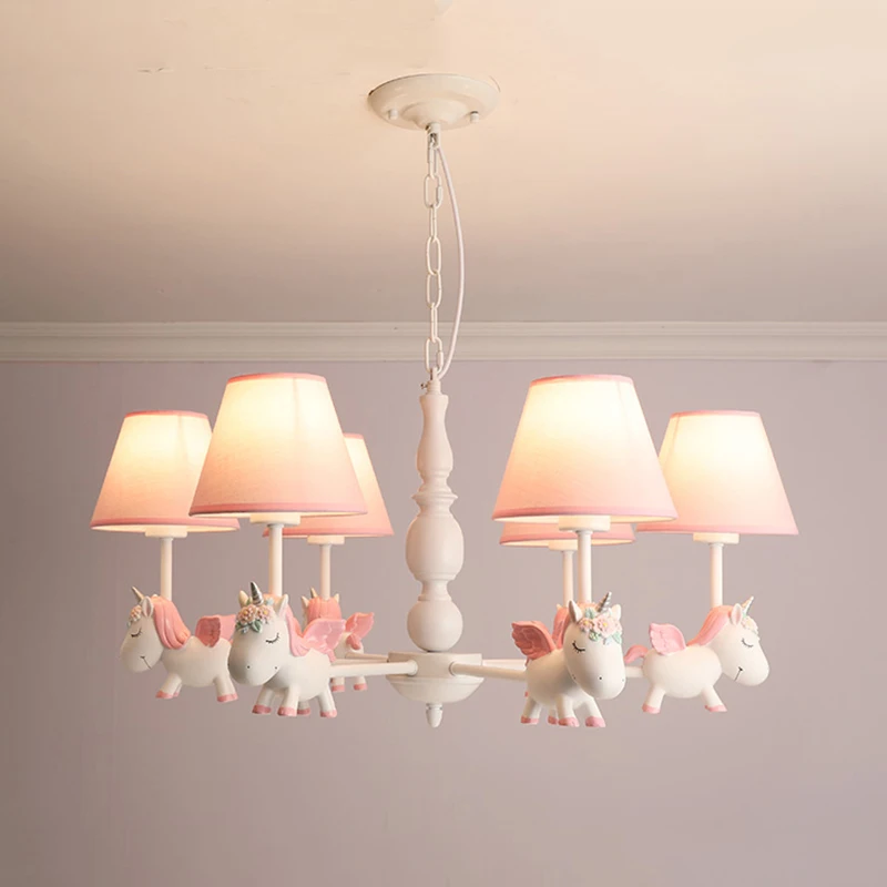 

Warm Unicorn Chandelier Lamps Children's Room Pendant Light Blue Pink Fabric Sconces Cartoon Animal Hanging Lamp Boy Girl Decor