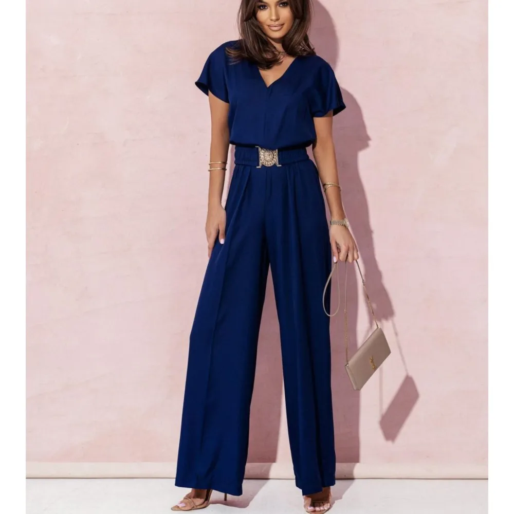 Women Elegant Solid Color V-neck Short Sleeve Casual Jumpsuit 2024 Summer Fashion High Waist Wide Leg Playsuits With Belt 점프슈트여름