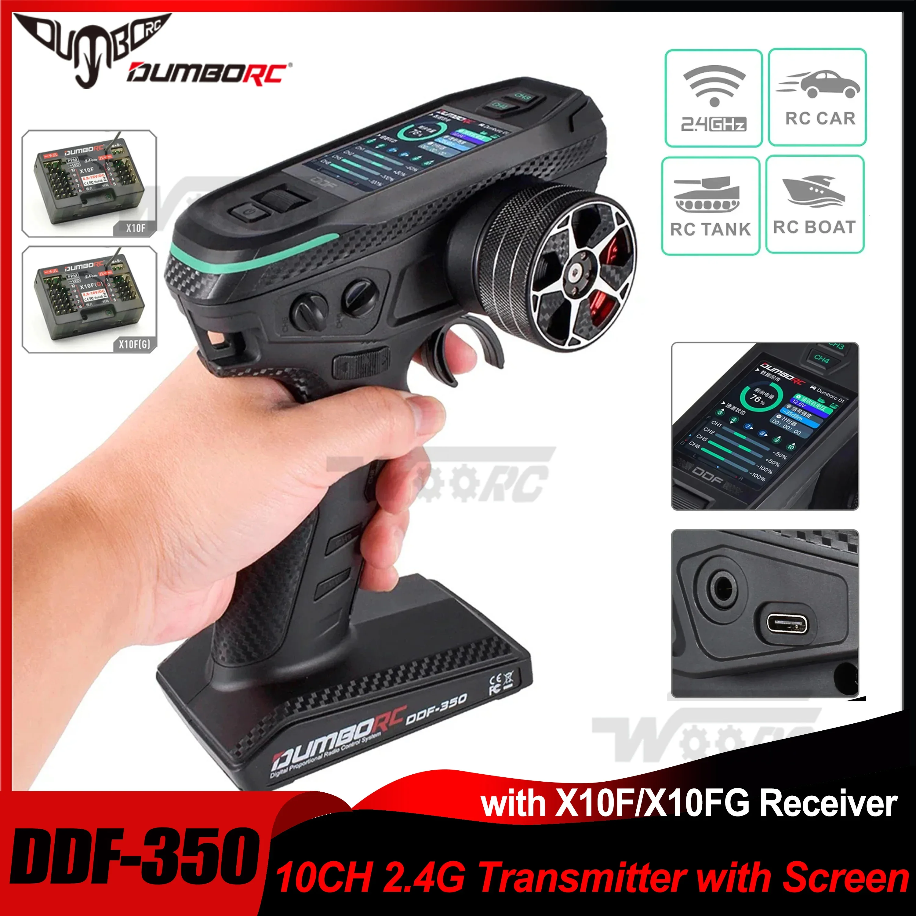 

DUMBORC DDF-350 10CH 10Channel Transmitter with Receiver X10F X10FG Gyro Remote Controller for RC Car Boat Tank LCD FHSS System