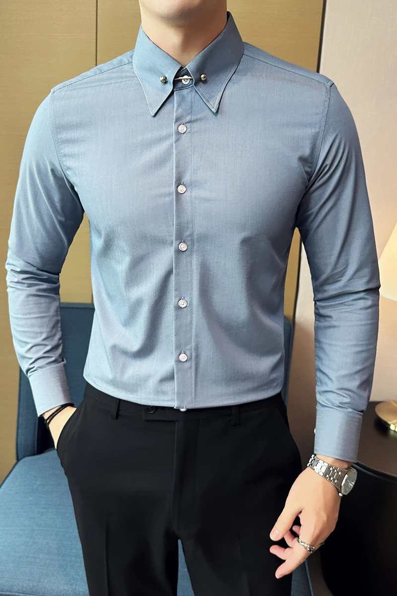 Camisas formales de negocios de alta calidad para hombres, camisas de oficina informales de manga larga, ajustadas, cuello en Punta Grande, camisa con hebilla oculta