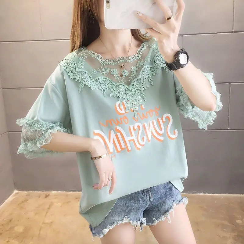Short Sleeve Loose Korean Lace Graphic T Shirt Aesthetic Fashion Women\'s T-shirt for Summer Tops Casual Clothes Pulovers V-Neck