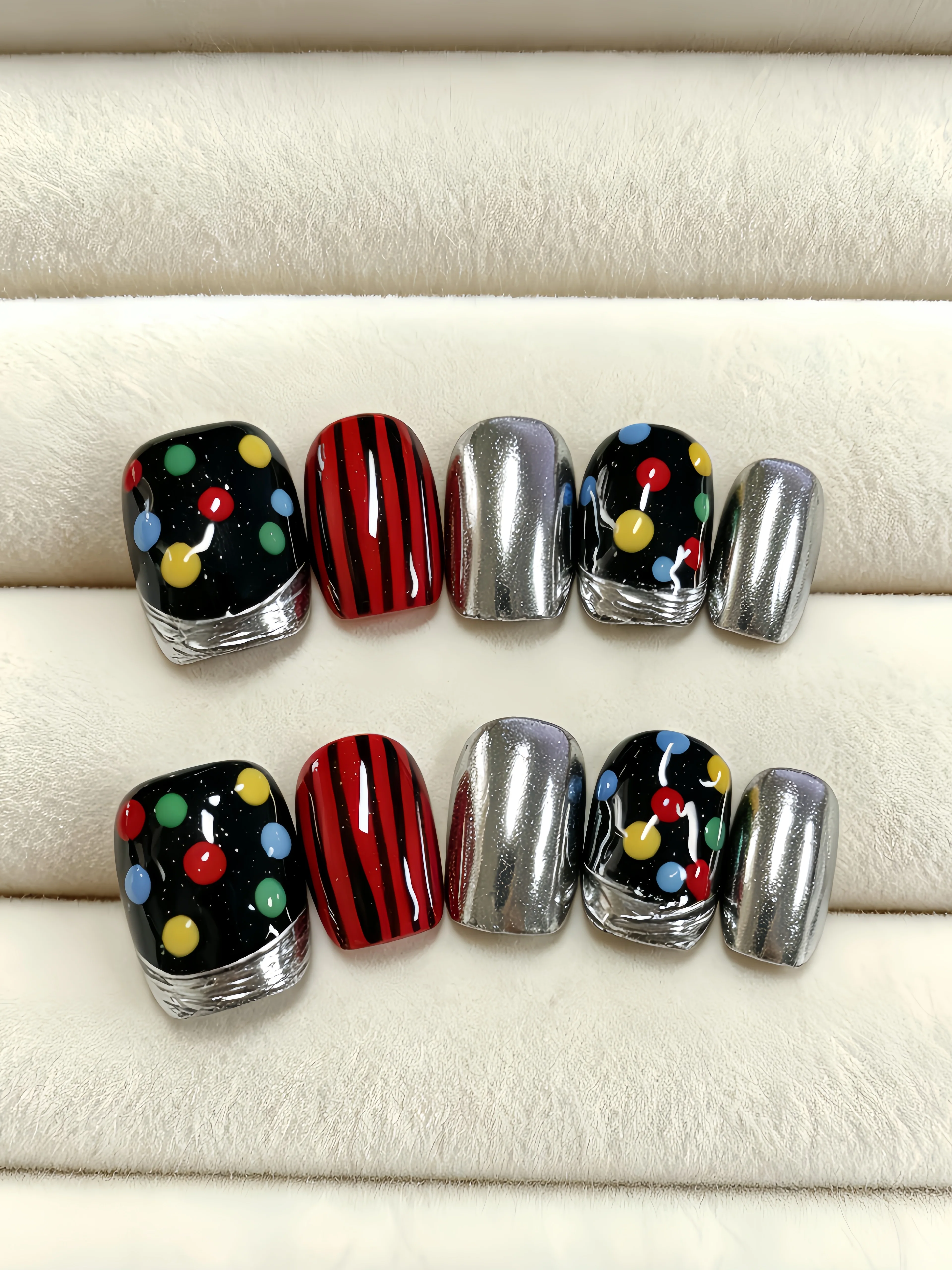 10 Short Square-Shaped Press-On Nails, with Black, Red, Silver Foil, Green, and Yellow as Main Colors, Featuring Stripes and Polka Dots with Silver Foil Accents, Y2K Style Pop Art Nail Stickers, Suitable for Students, Office Workers, Trendy Girls, Niche Personality Styles, and Fashion Enthusiasts for Daily Outings, Workplace, School Life, Street Style, Amusement Park Activities, Picnics, Dark Style, and Instagram-Style Nail Art. Includes One Jelly Glue and One Nail File