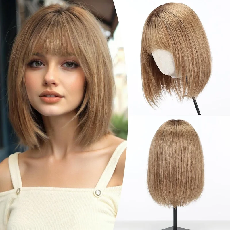 10 Inch   Human Hair Bob Wigs with Bangs Ombre Ash Brown Wigs None Lace