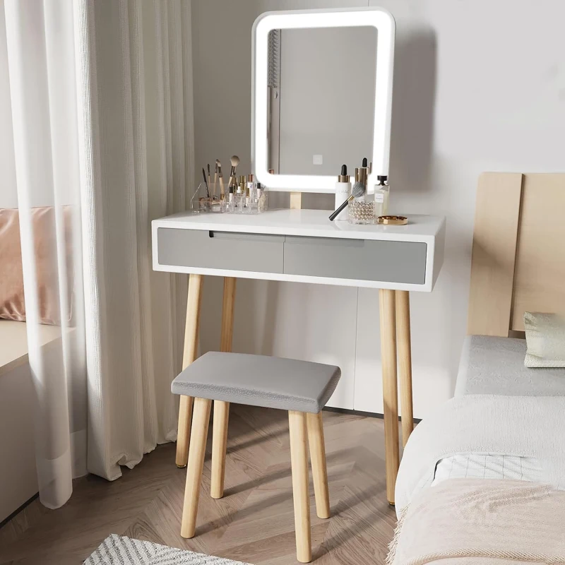 Vanity Table Set with Adjustable Brightness Mirror and Cushioned Stool, Dressing Table with Free Make-up Organizer