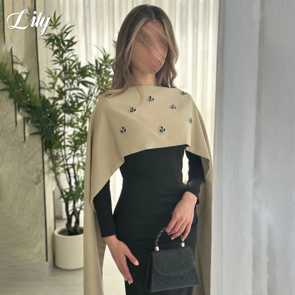 فستان حفلة موسيقية من Lily Black Robe De Soirée برقبة دائرية فستان رسمي مع طيات من الساتان البوق كريستال فستان سهرة مع شال مخصص #4