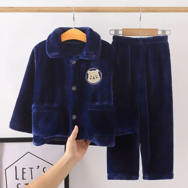 

New Kids Autumn Winter Flannel Warm Pajamas Sets Toddler Baby Cartoon Bear Lapel Pyjamas Homewear Boys Girls Casual Sleepwear