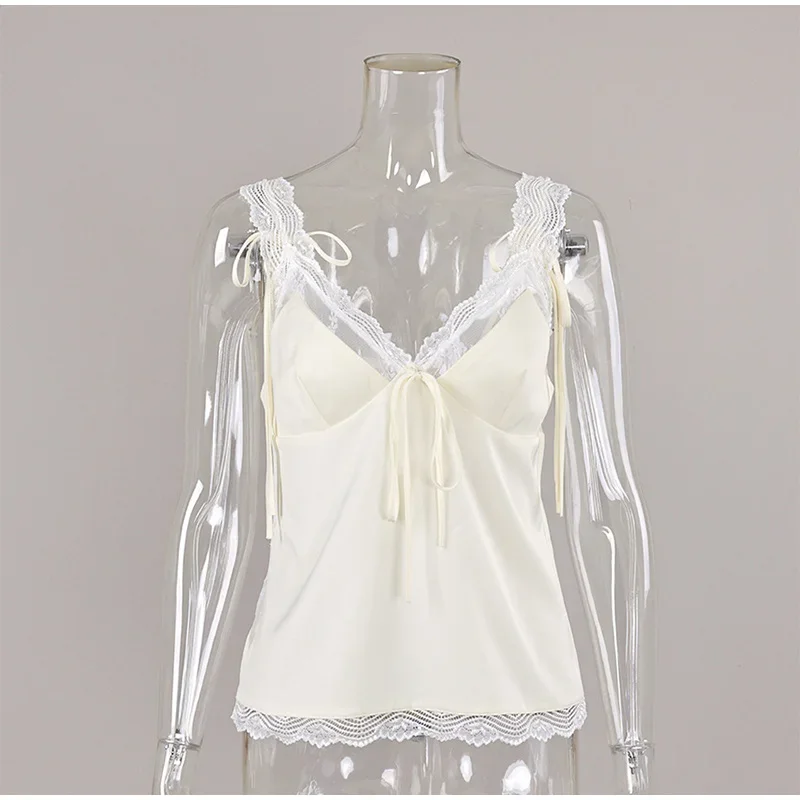 Spitzen-Patchwork-Rückenfreie Oberteile für Damen, sexy Spaghetti-Träger, ärmellos, mit Schnürung, plissiertes Cami-Top, charmante Damen-Partykleidung, Strandkleidung – Detail 1