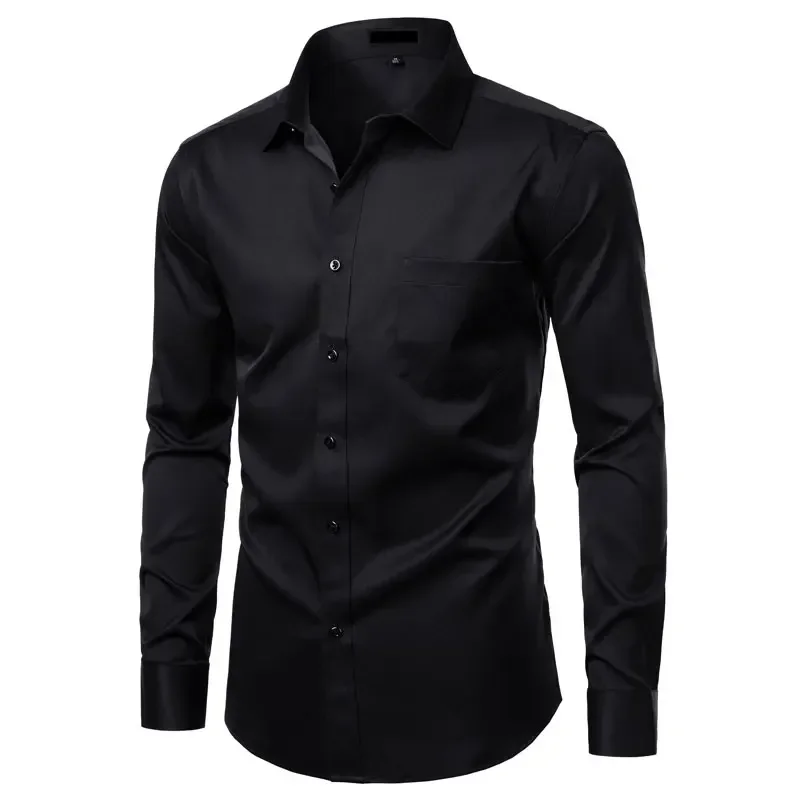 

Black Bamboo Fiber Shirt Men Casual Slim Fit Mens Dress Shirts Solid Color Elastic Button Up Social Male Shirts with Pocket 4XL