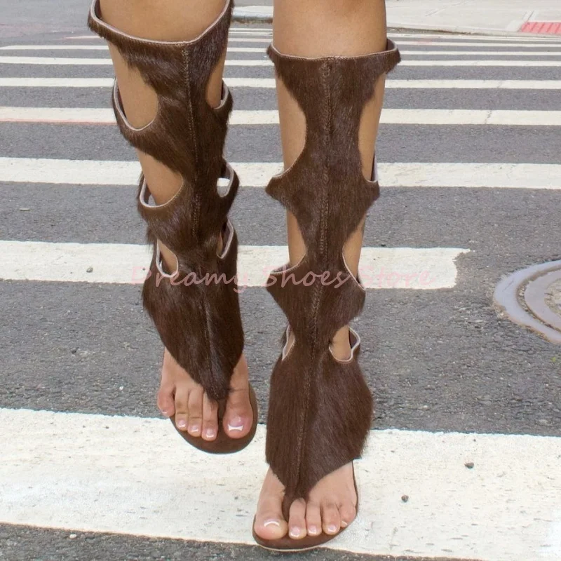 Zebra Print Faux Horsehair Round Cutout Long Boots Women Spilt Toe Back Zipper Thin Heel Knee High Boots Fashion Gladiator Shoes - view 3