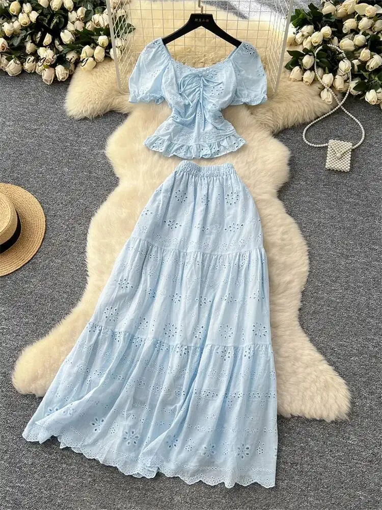 

Summer Senior Embroidery Suits Women Puff Sleeves Slim Top+High Waist Long Skirt Frence Vacation Hollow Out Sweet Sets