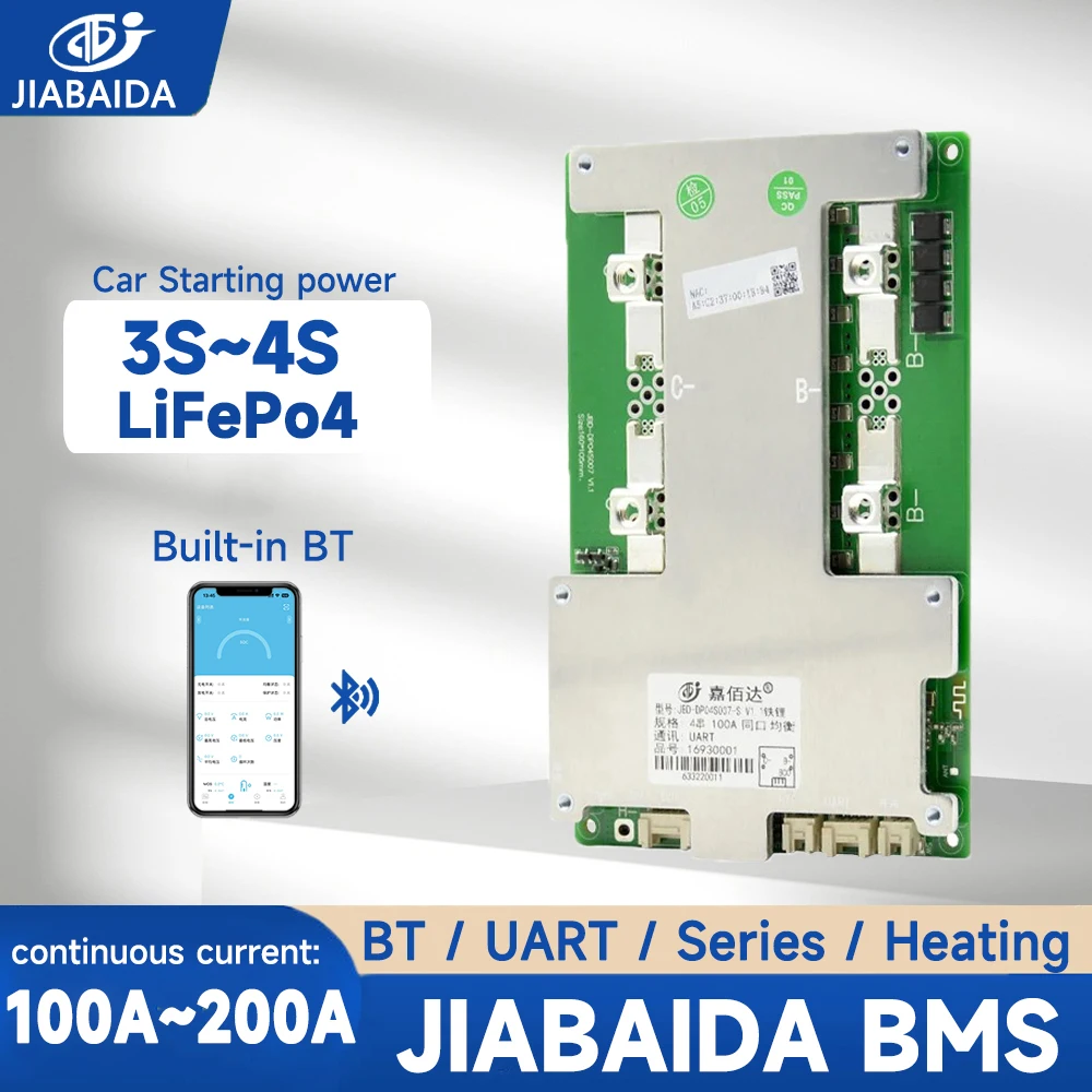 

JIABAIDA Smart BMS 3S 4S 12V 100A 200A LiFePo4 Lithium Battery BMS for Car Starting Power UART Heating Series Connect JBD BMS