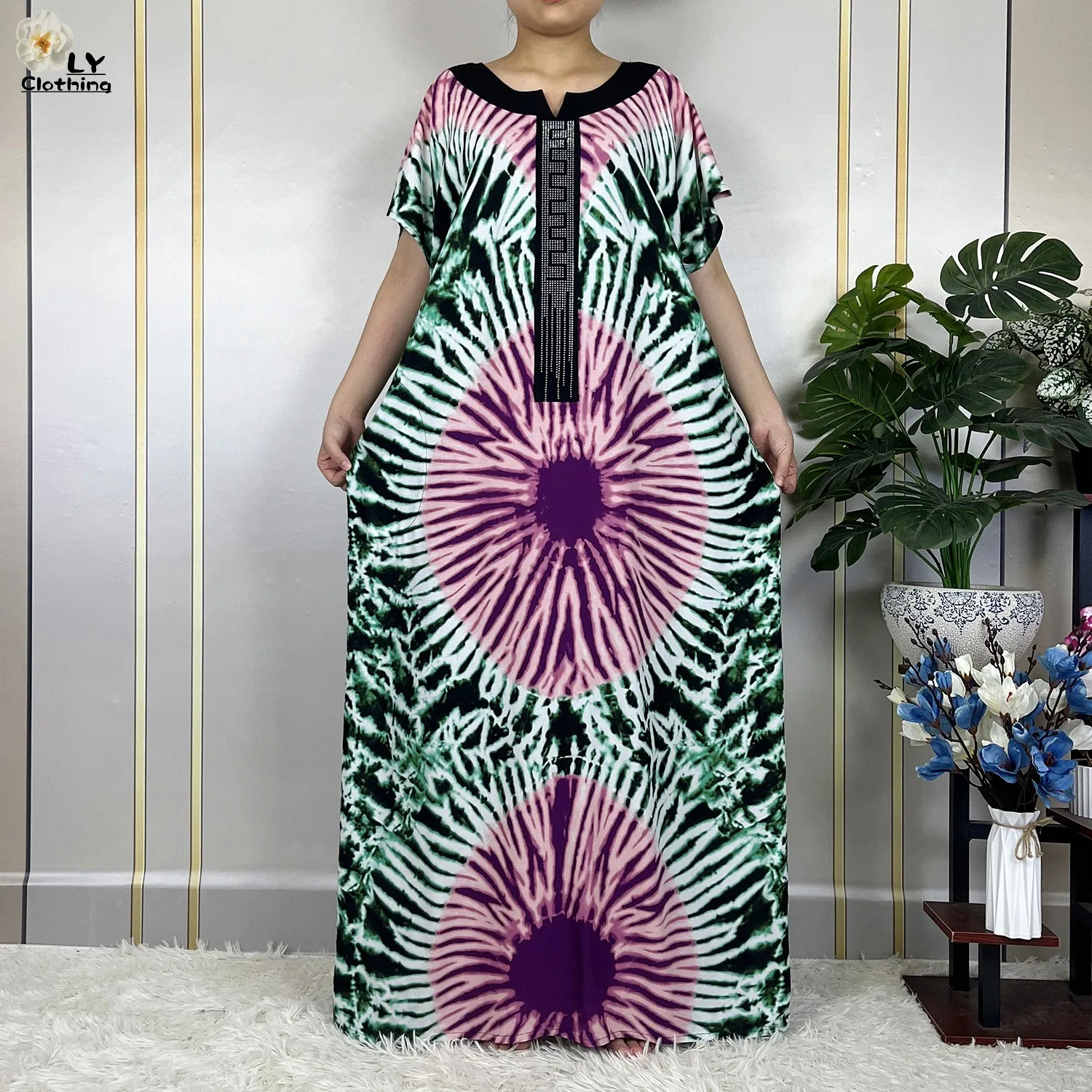 2023New Dubai Muslim Summer Fashion Short Sleeve Dress Women Cotton Loose Maxi Robe Floral Tie-dyed Femme African Abaya Clothing