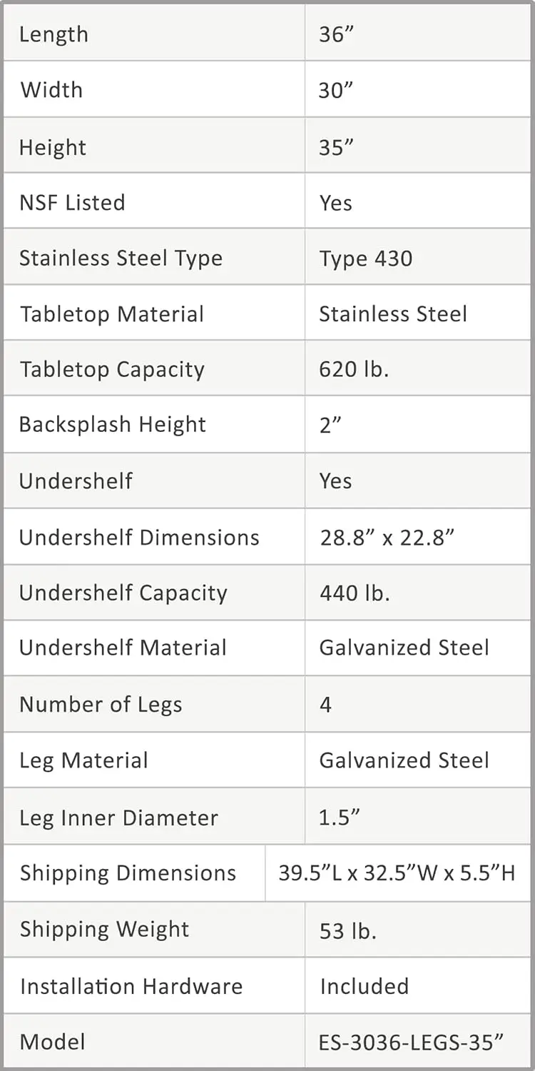 Table de travail commerciale avec dosseret et plaqués latéraux, NSF, Table en acier inoxydable avec protections latérales, 36 po de long x 30 po de profondeur