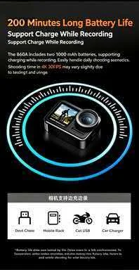 860A 4K 60FPS Action Camera 20M Waterproof 150°Ultra Wide Angle WiFi Dual Screen Sports Cam with 2Pcs 1000mAh Batteries