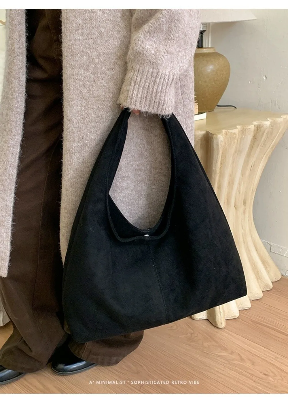 Lässige Retro-Damen-Schultertasche aus Wildleder mit großem Fassungsvermögen, einfarbige Shopper-Tasche – Detail 17