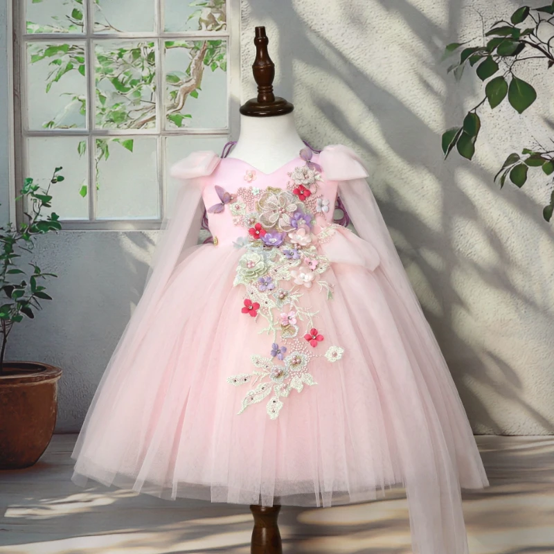 2026 Girls Applique Backless Wing Children Birthday Pageant Flower Girl Kids Clothing Princess Dress Costume Tulle Party Gown