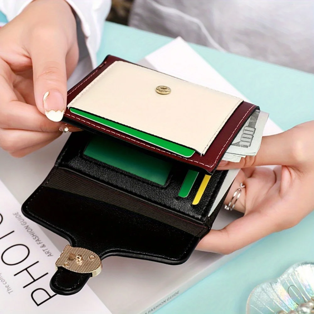 Vielseitige, modische, niedliche kleine Geldbörse für Damen, zweifarbig, faltbar, mit Münzclip und Schnalle, kompakte Clutch für den täglichen Gebrauch und Reisen. – Detail 5