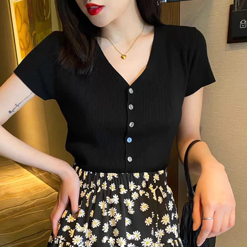 

Women V-neck Ribbed Knit Cardigan Short Sleeve Button Down Fitted Sweater Crop Top Teen-girl Summer Casual Outfit