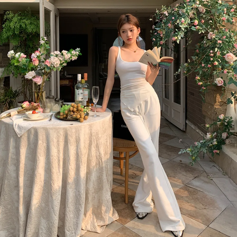 กางเกงขายาวผู้หญิงเอวสูงสีพื้นเรียบง่ายสไตล์ลำลองแฟชั่นฤดูใบไม้ร่วง